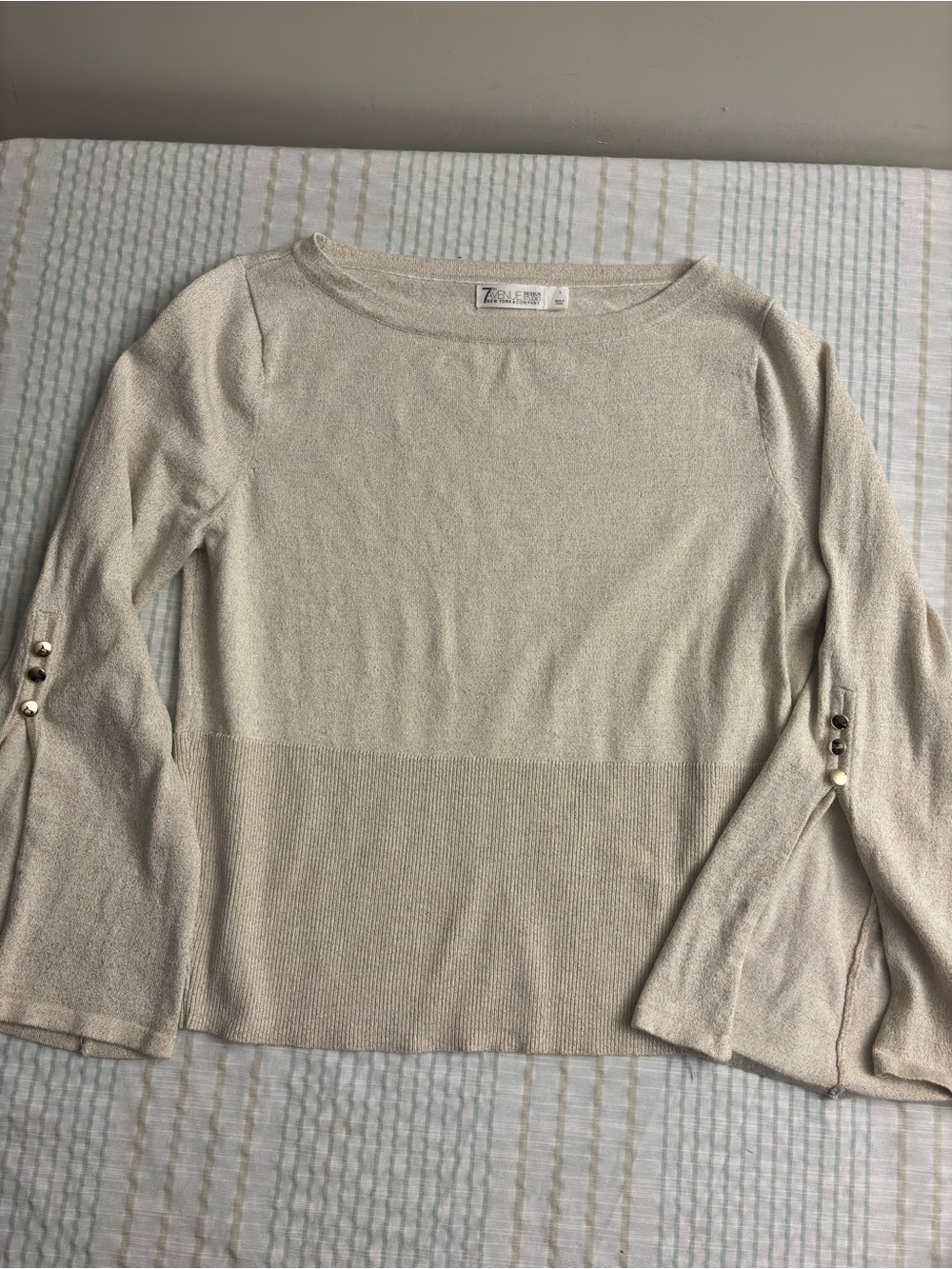 Lightweight Cream Boatneck Sweater with Button-Trim Bell Sleeves